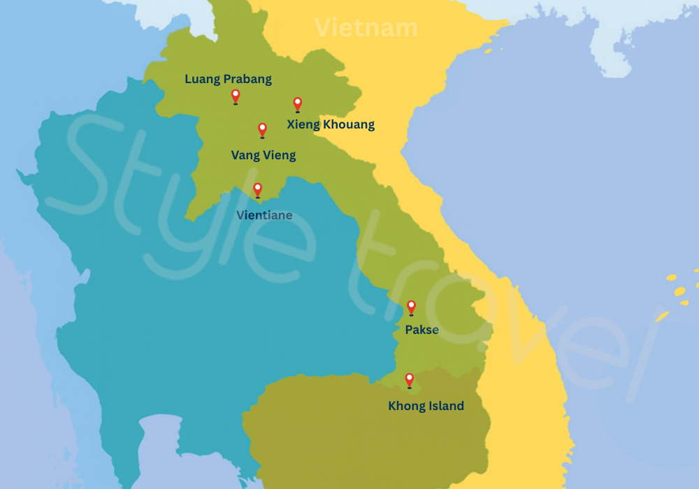 Mapa dos destinos no Laos